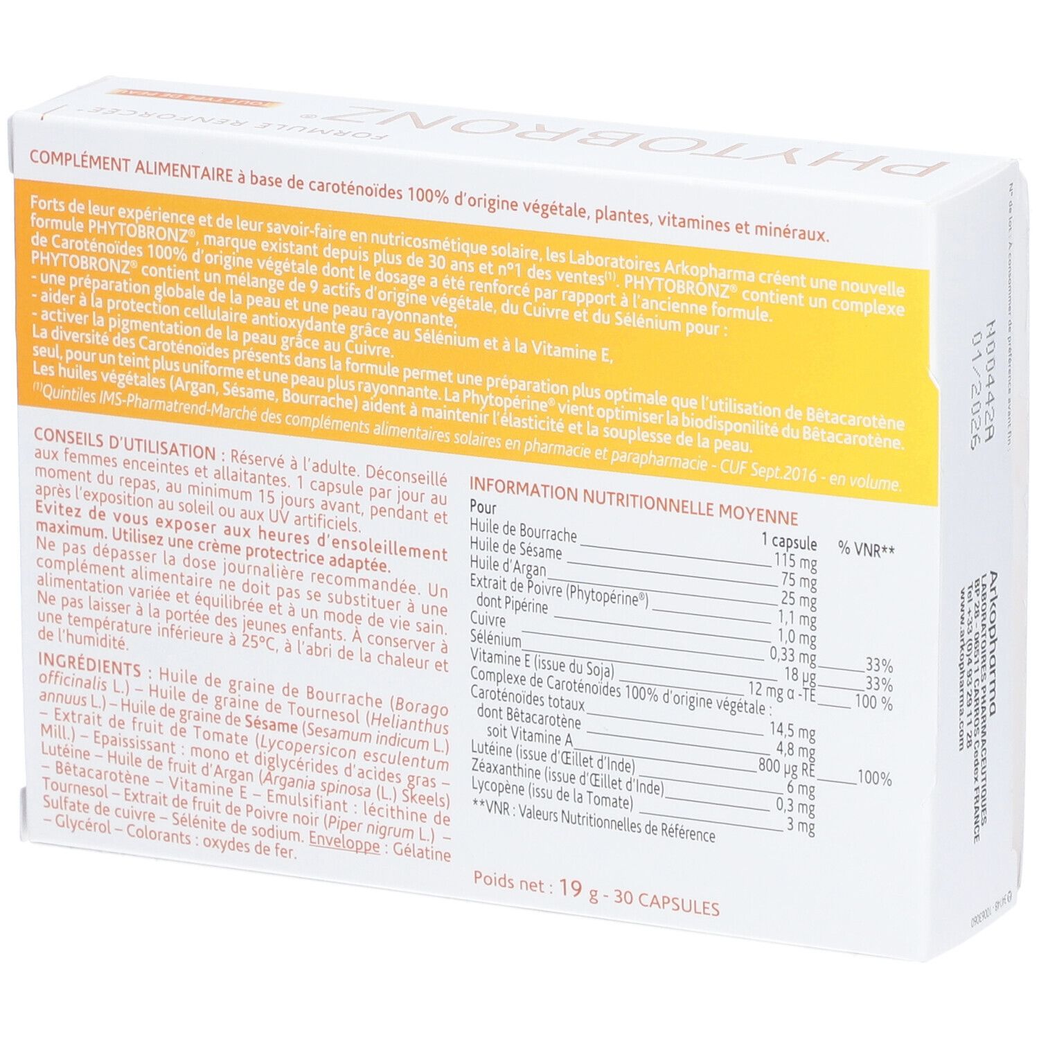 Dos de la boîte Arkopharma Phytobronz. Texte sur les ingrédients et informations nutritionnelles. 30 gélules.