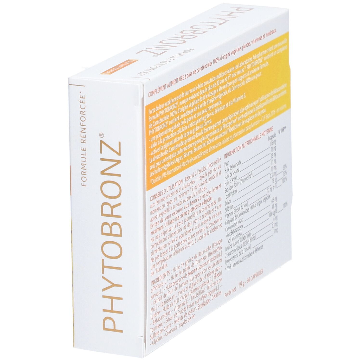 Boîte Arkopharma Phytobronz, vue latérale. Texte et logo. Informations nutritionnelles et ingrédients.