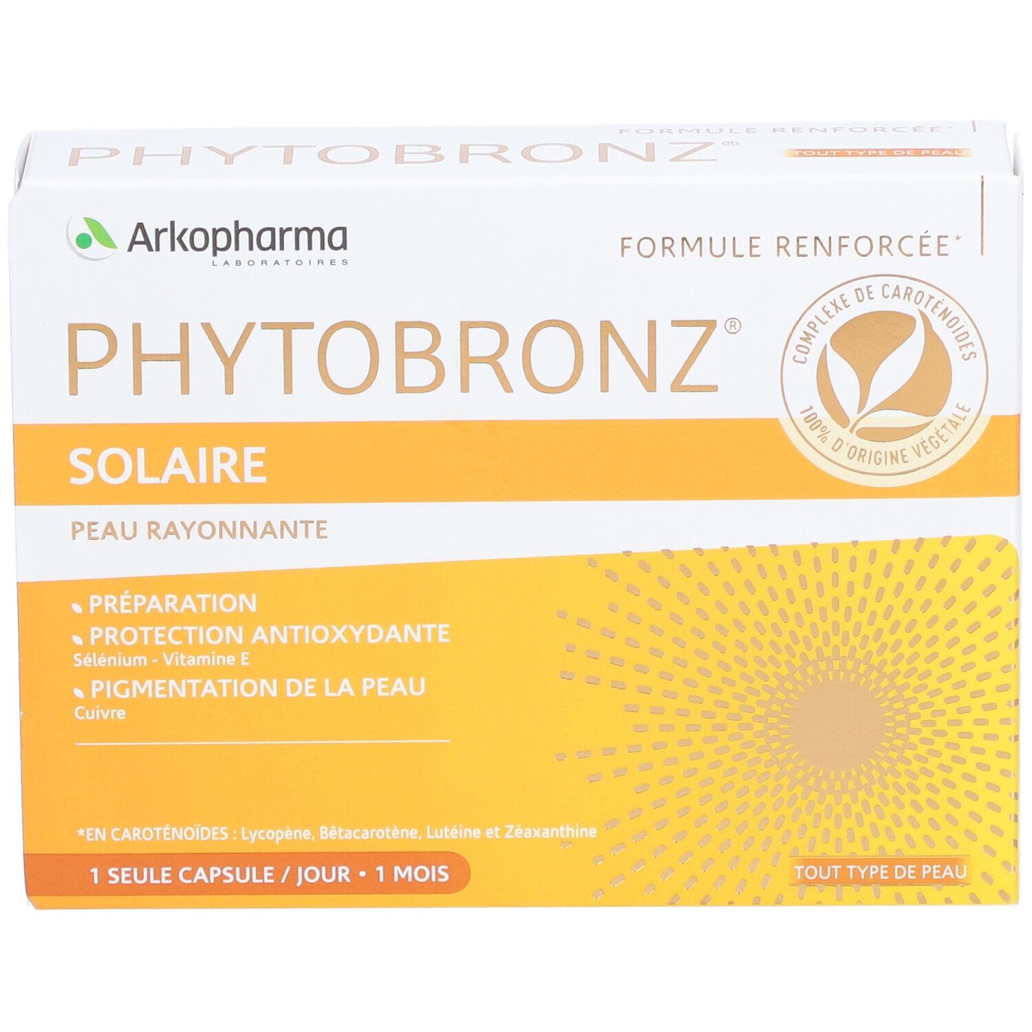 Boîte Arkopharma Phytobronz. Fond jaune avec motif solaire. Logo et nom du produit. Texte: 'Préparation, Protection'.
