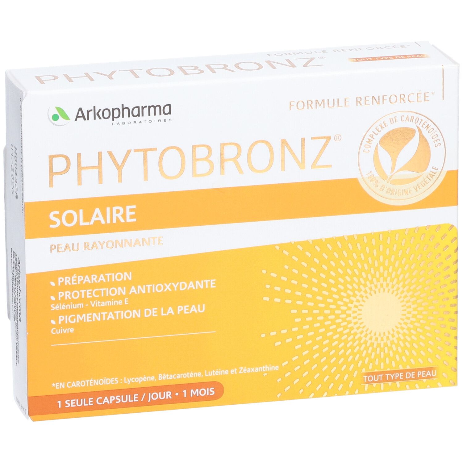 Boîte Arkopharma Phytobronz. Fond jaune avec motif solaire. Logo et nom du produit. Texte: 'Préparation, Protection'.