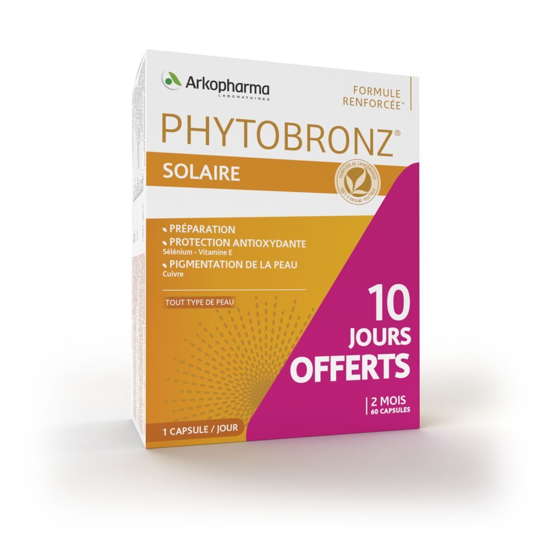 Boîte blanche Arkopharma Phytobronz. Arrière-plan orange et rose. Texte: 10 jours offerts, 60 gélules.