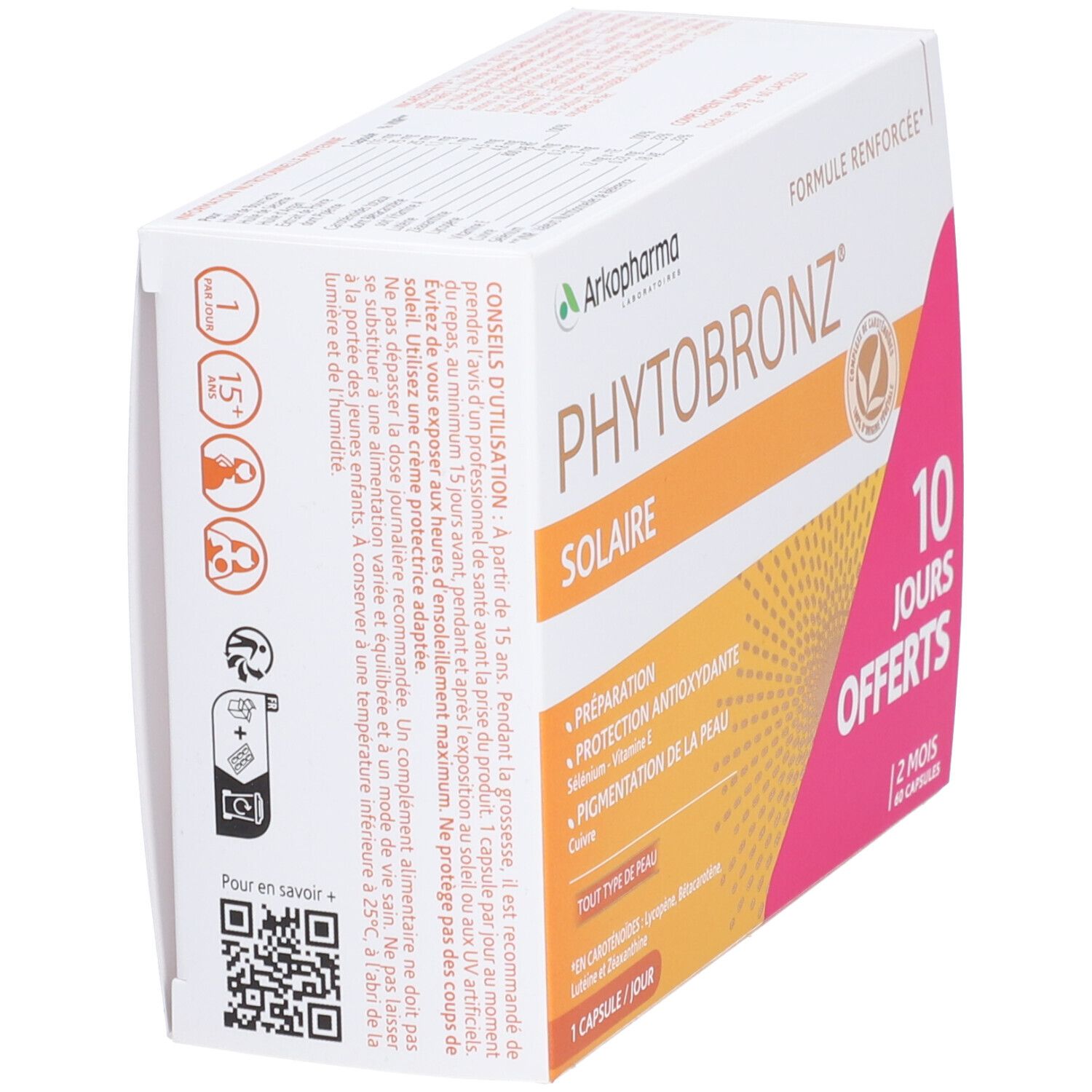 Boîte blanche Arkopharma Phytobronz en biais. Arrière-plan orange et rose. Texte: 10 jours offerts.