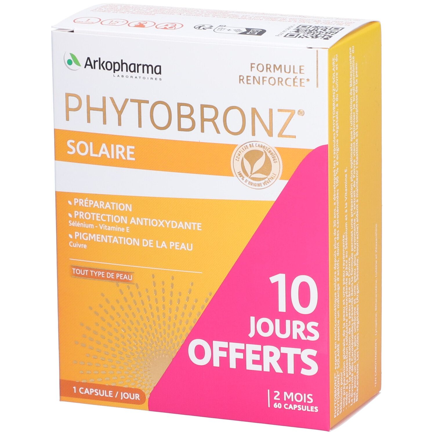 Boîte blanche Arkopharma Phytobronz. Arrière-plan orange et rose. Texte: 10 jours offerts, 60 gélules.