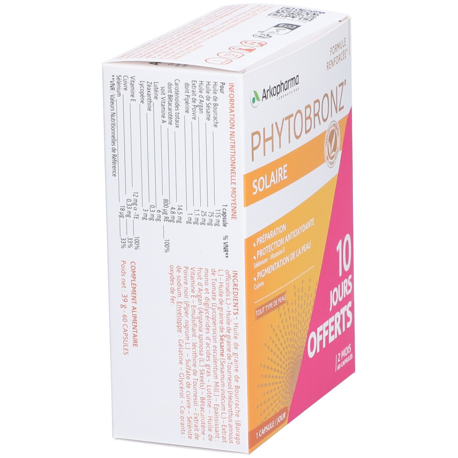 Boîte blanche Arkopharma Phytobronz. Dos avec ingrédients et informations nutritionnelles. Texte: 60 gélules.