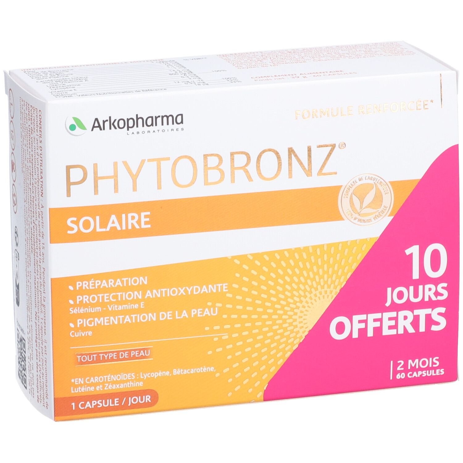 Boîte blanche Arkopharma Phytobronz. Arrière-plan orange et rose. Texte: 10 jours offerts, 60 gélules.