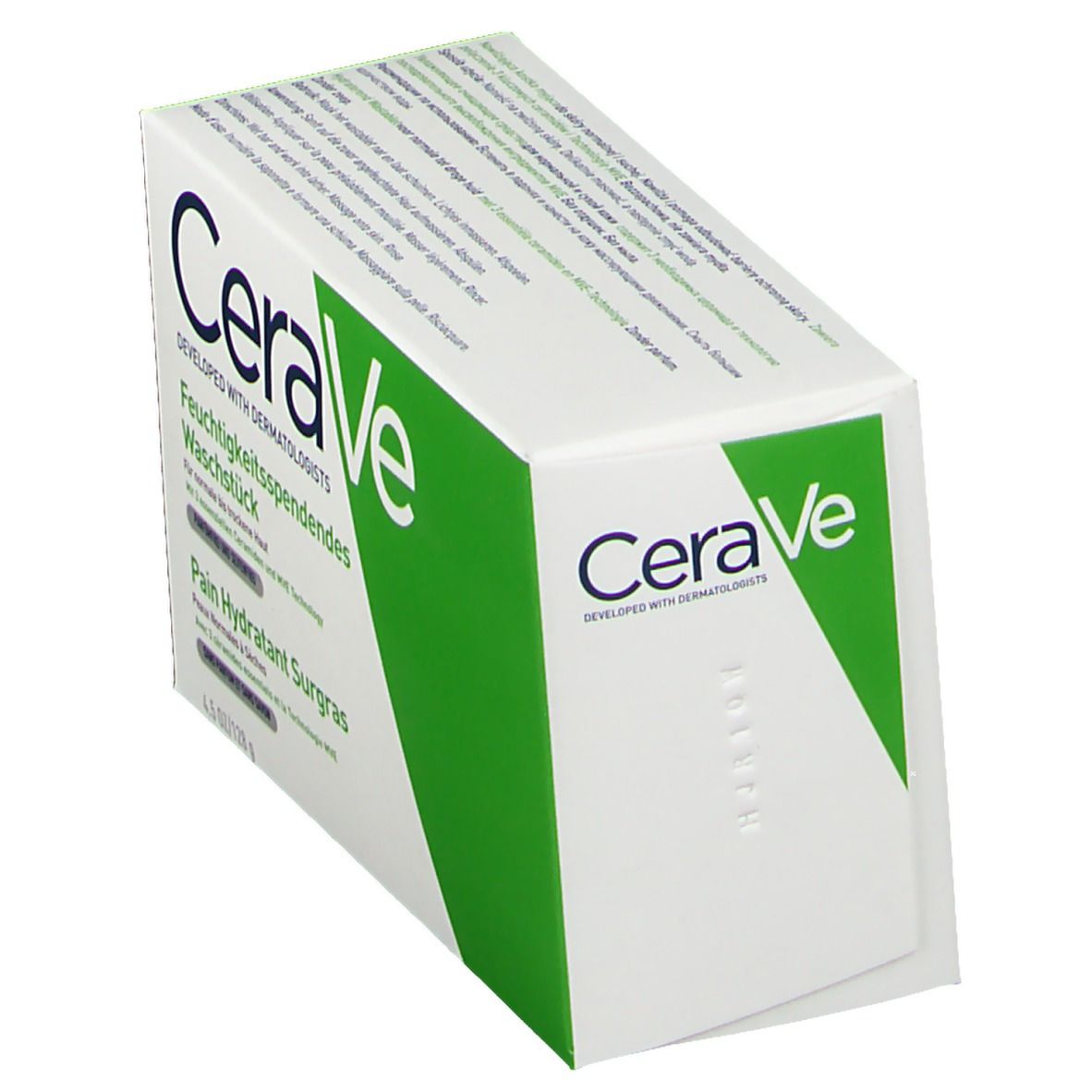 CeraVe Waschstück-Verpackung, schräg. Weißer Karton mit grünem Akzent. CeraVe-Logo und Produktbezeichnung sichtbar.