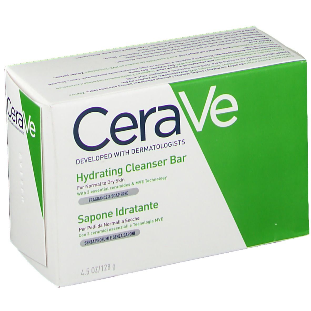 CeraVe Hydrating Cleanser Bar-Verpackung. Weißer Karton mit grünem Akzent. Text: Hydrating Cleanser Bar, 4.5 oz/128 g.