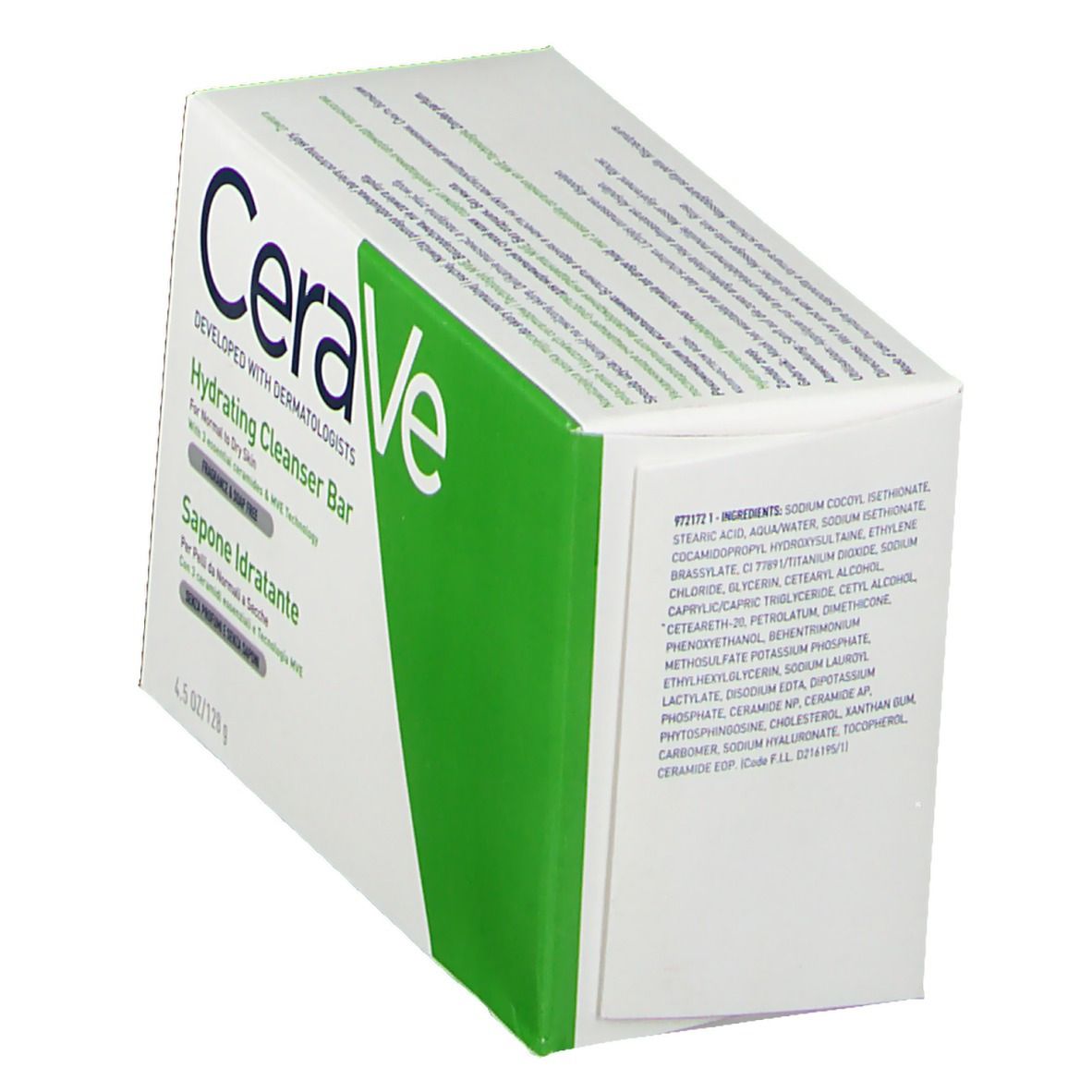CeraVe Hydrating Cleanser Bar-Verpackung, schräg. Weißer Karton mit grünem Akzent. Zutatenliste auf der Seite.