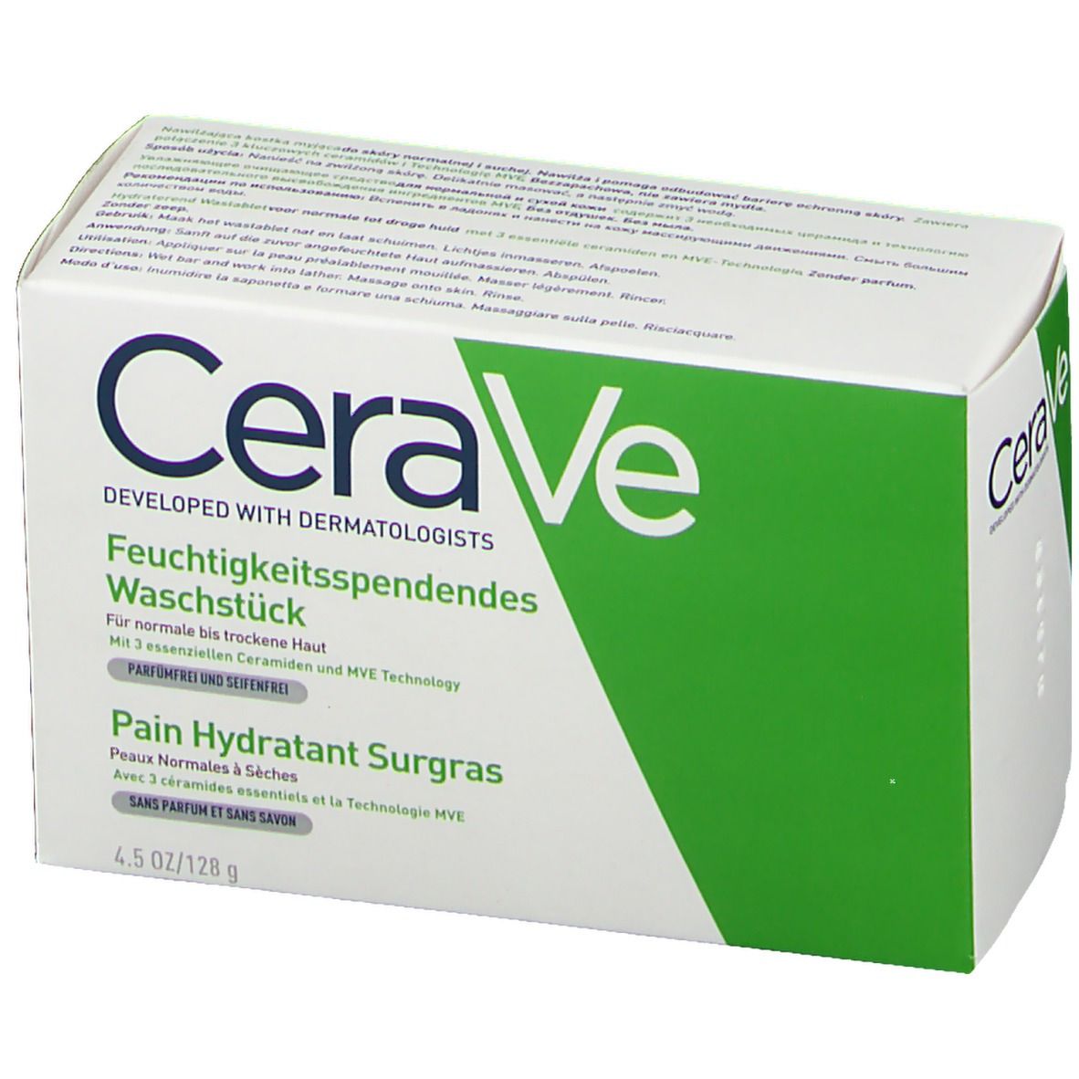 CeraVe Waschstück-Verpackung. Weißer Karton mit grünem Akzent. CeraVe-Logo und Produktbezeichnung sichtbar.