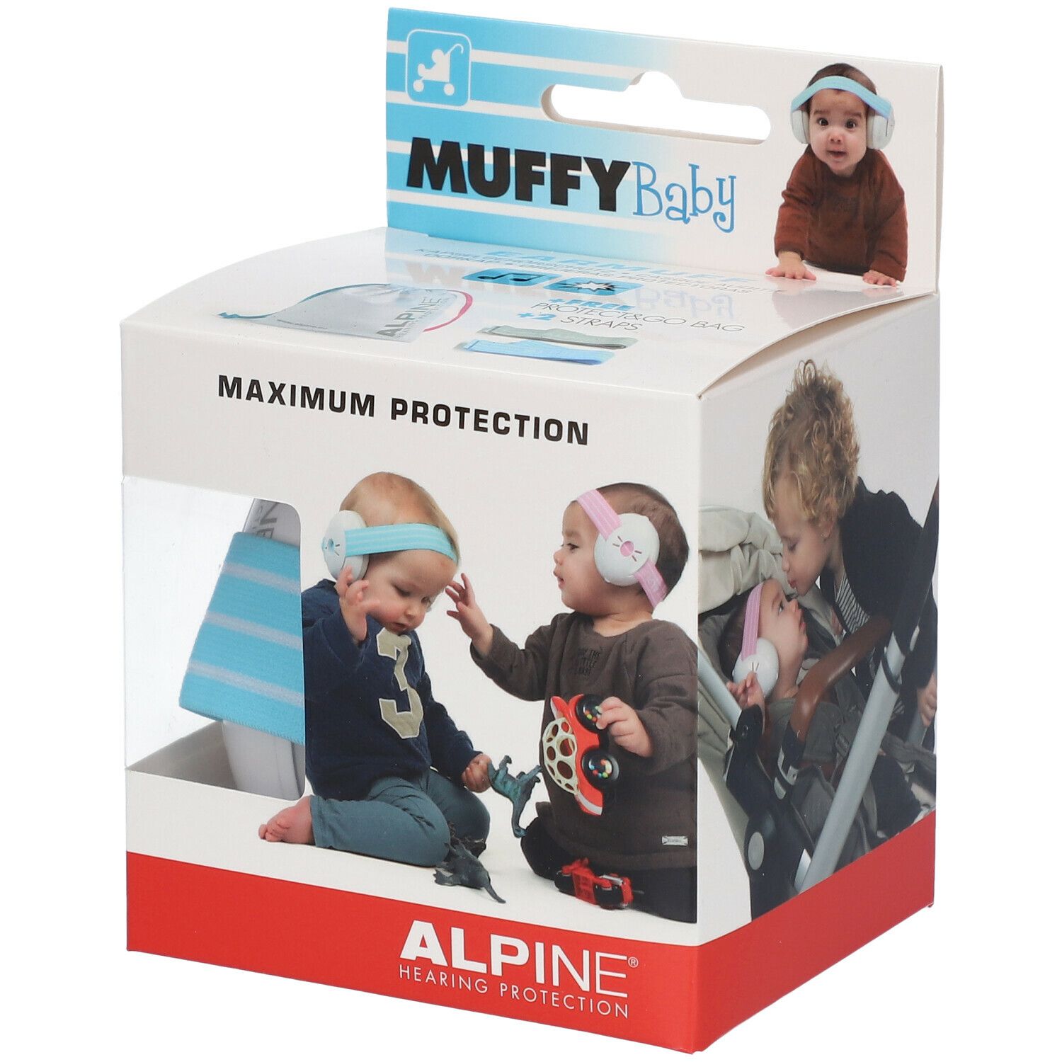 Emballage de protection auditive pour bébés. Nom du produit : MUFFY Baby. Images de bébés avec protection auditive. Marque : ALPINE.