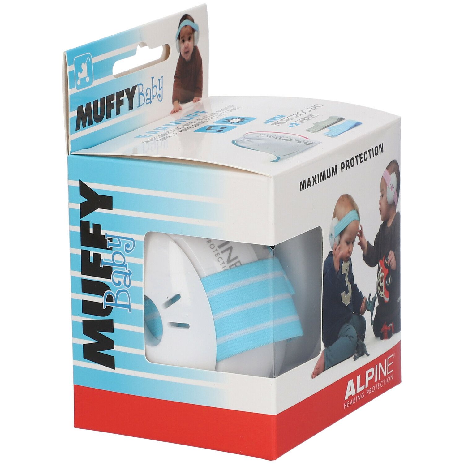 Emballage de protection auditive pour bébés. Nom du produit : MUFFY Baby. Fenêtre transparente. Marque : ALPINE.