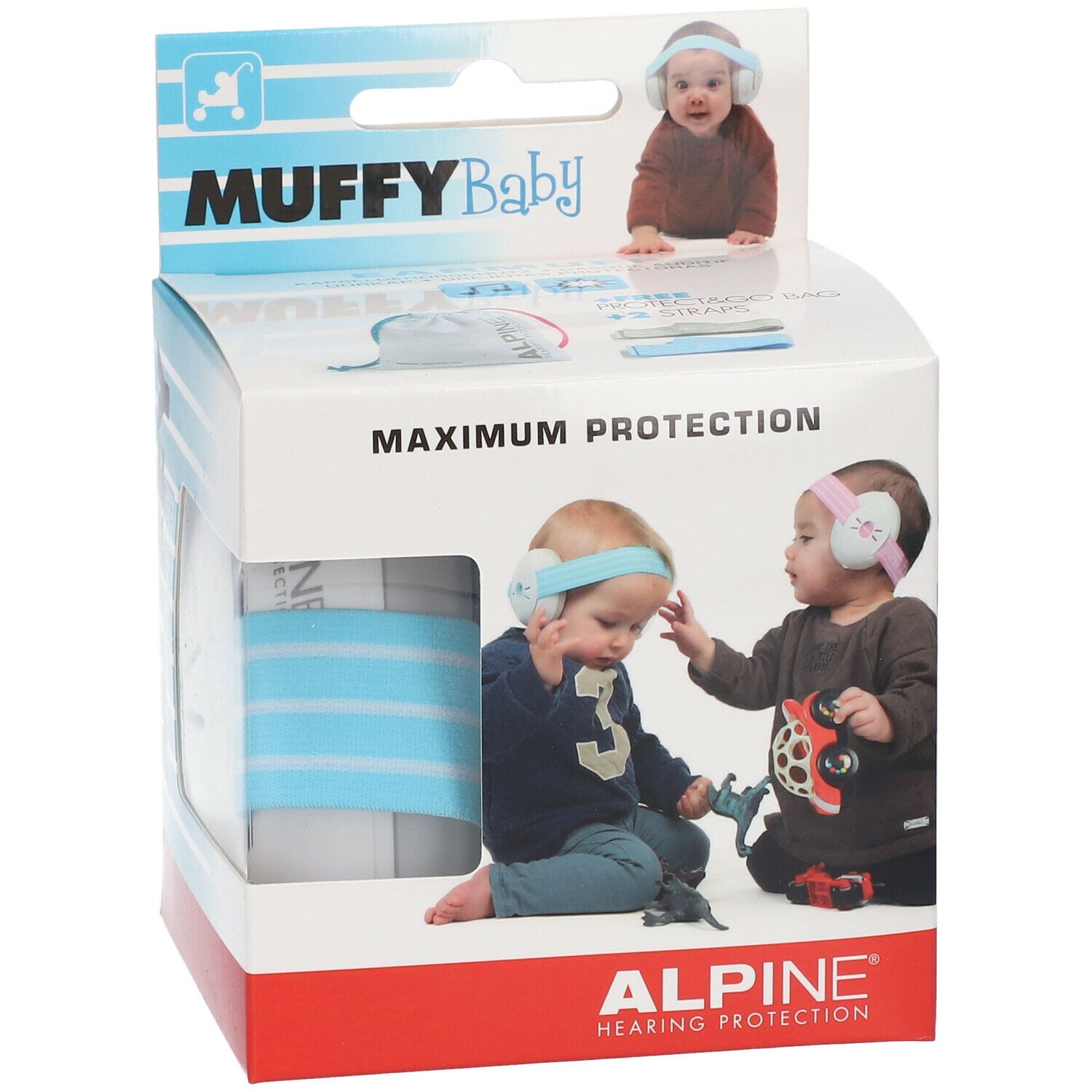 Emballage de protection auditive pour bébés. Nom du produit : MUFFY Baby. Images de bébés avec protection auditive. Marque : ALPINE.
