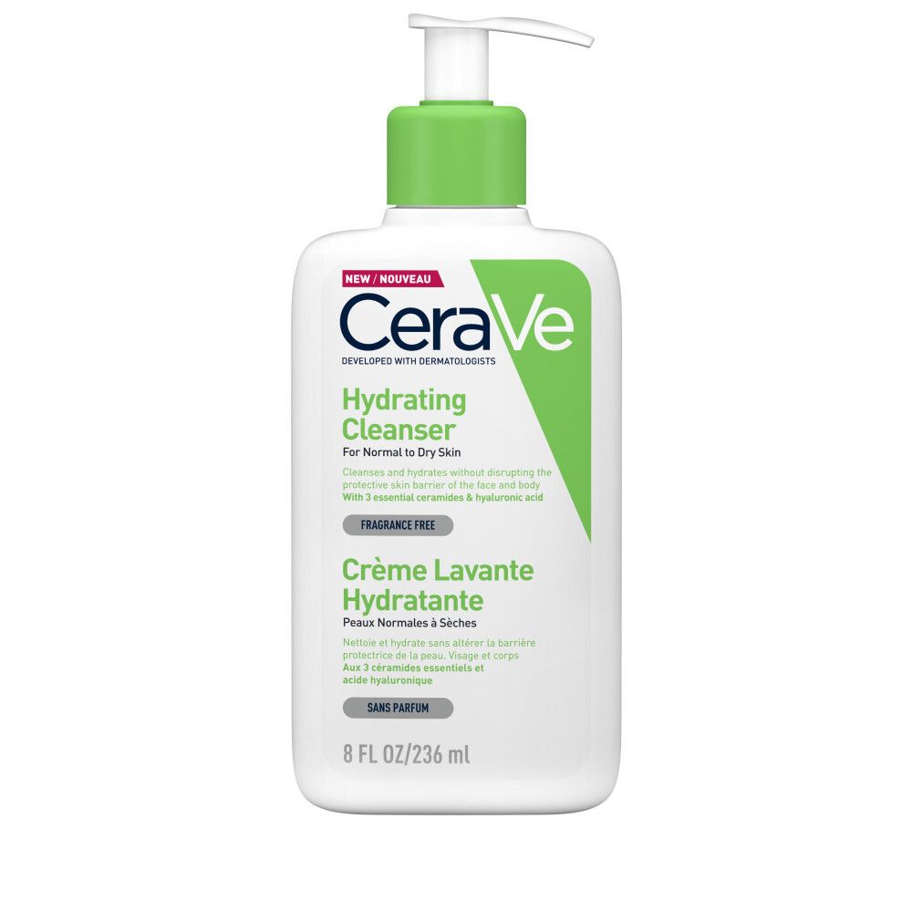 CeraVe Hydrating Cleanser, witte fles met groene dop en pomp. Tekst: Hydrating Cleanser, Crème Lavante Hydratante.