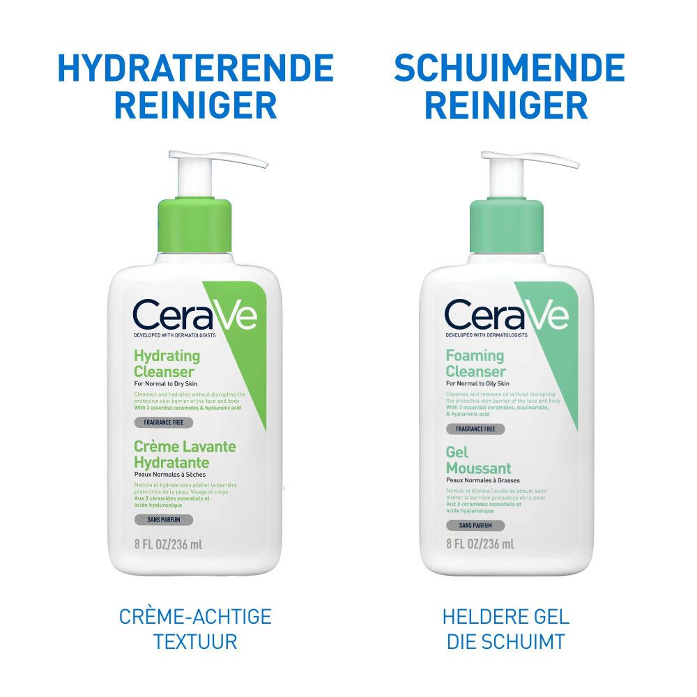 Twee CeraVe-reinigers: Hydrating Cleanser en Foaming Cleanser. Tekst: Crème-achtige textuur, Heldere gel die schuimt.