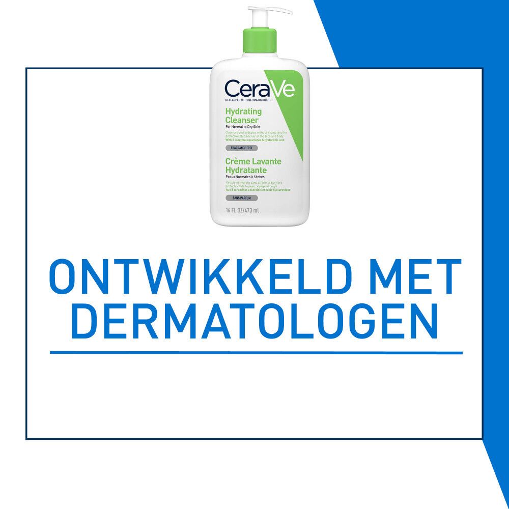 CeraVe Hydrating Cleanser. Tekst: Ontwikkeld met dermatologen.