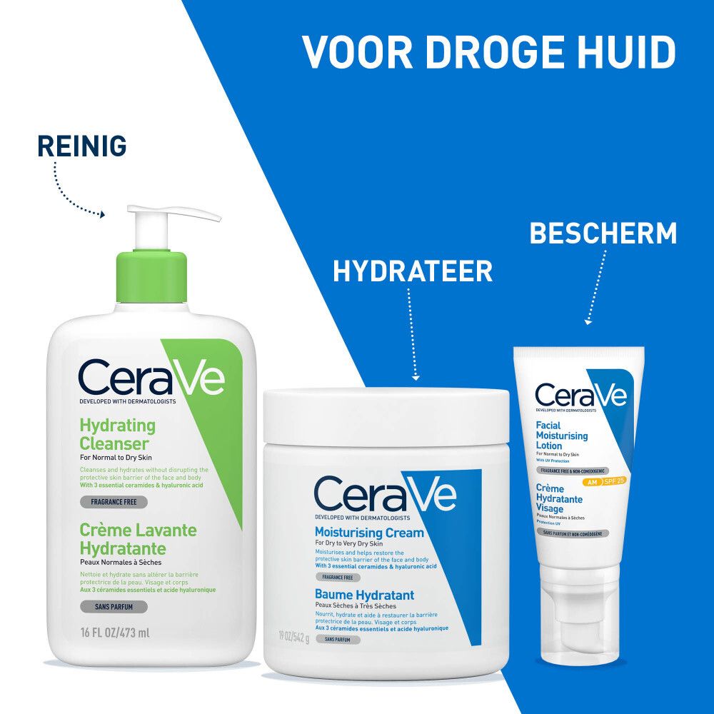 CeraVe-producten: Hydrating Cleanser, Moisturising Cream, Facial Moisturising Lotion. Tekst: Voor droge huid.