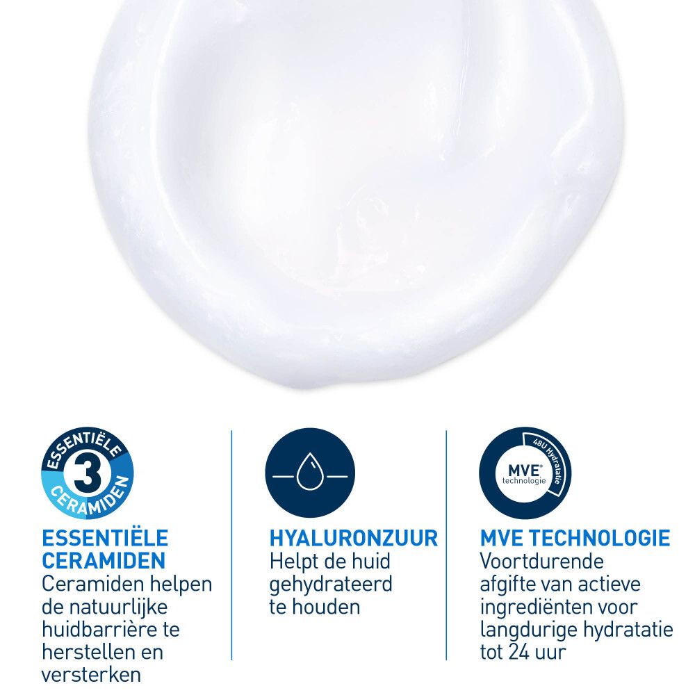 Close-up van crème. Tekst: Essentiele ceramiden, Hyaluronzuur, MVE technologie.
