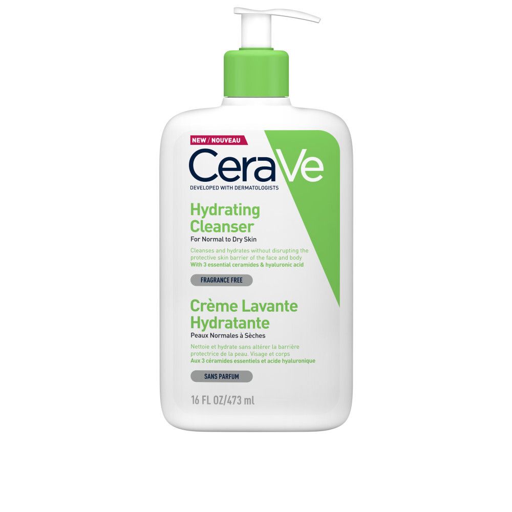 CeraVe Hydrating Cleanser. Flacon blanc avec pompe verte. Texte en anglais et français.