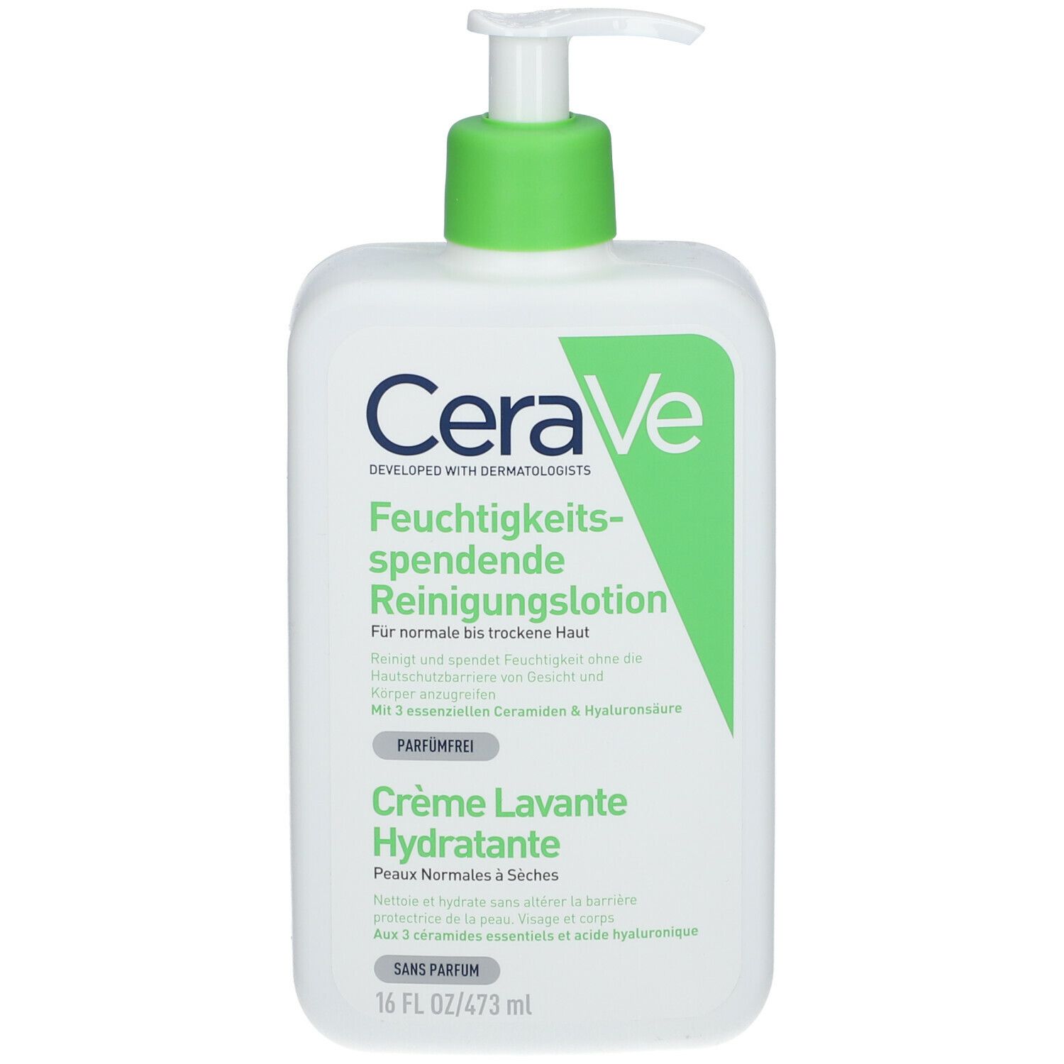 CeraVe Crème Lavante Hydratante. Flacon blanc avec pompe verte. Texte en allemand et français.