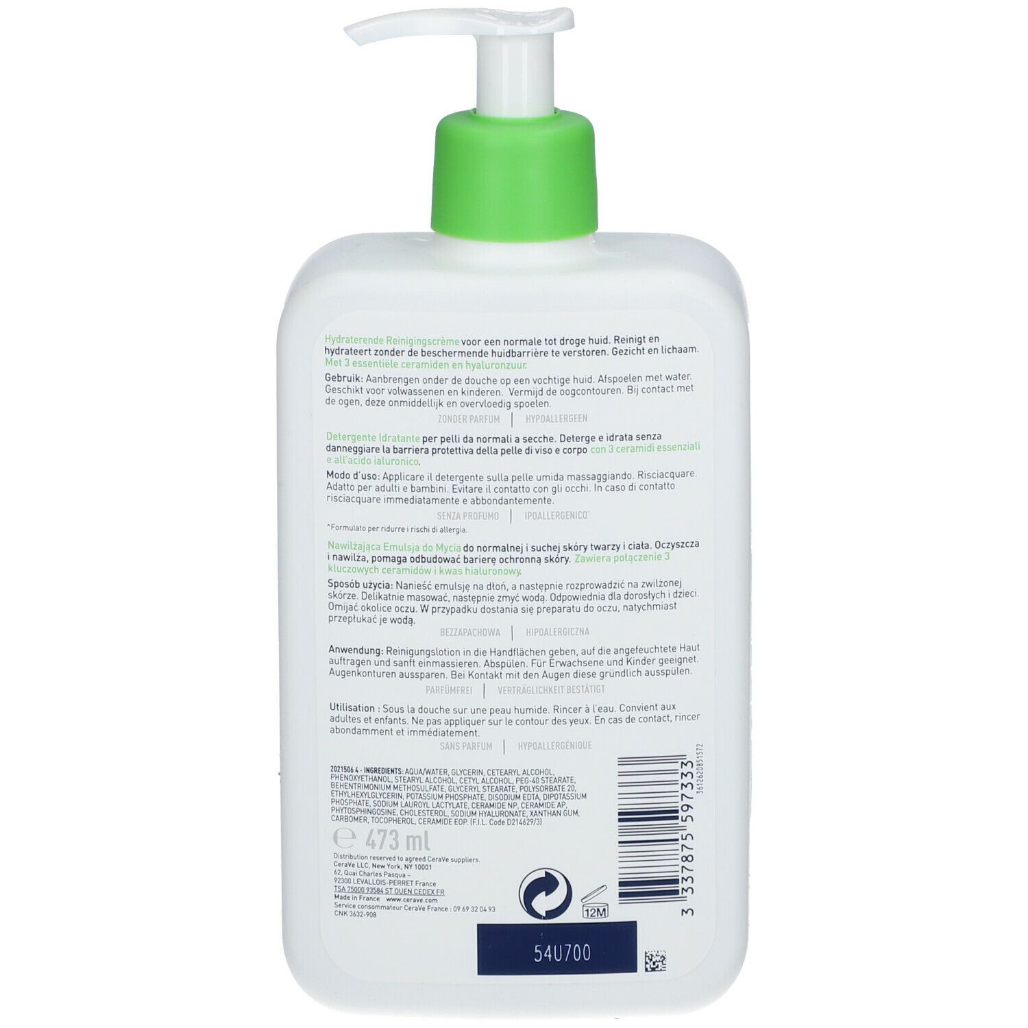 Dos de la Crème Lavante Hydratante CeraVe. Texte multilingue. Code-barres et symbole de recyclage.