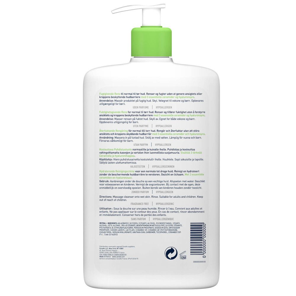 Dos du CeraVe Hydrating Cleanser. Texte multilingue. Code-barres et symbole de recyclage.