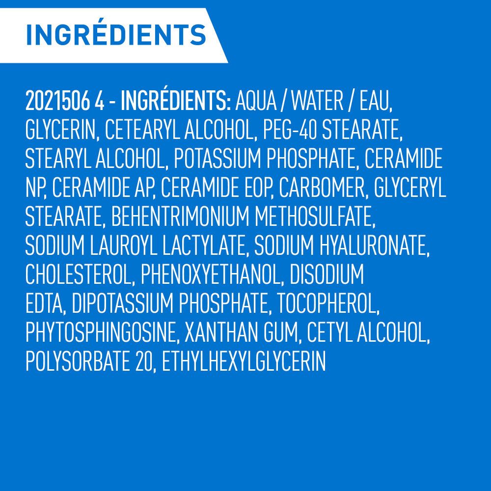 Liste des ingrédients. Texte sur fond bleu. Aqua, glycérine, etc.