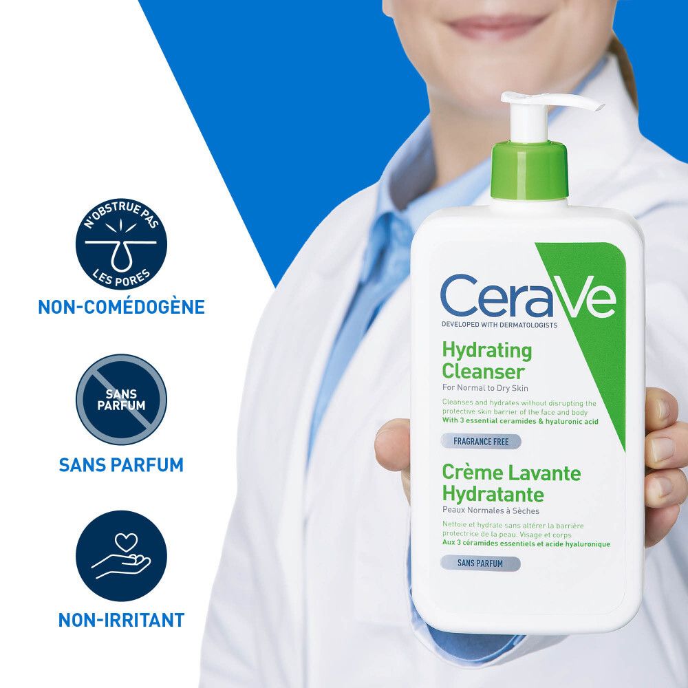 CeraVe Hydrating Cleanser. Flacon tenu en main. Non comédogène, sans parfum, non irritant.