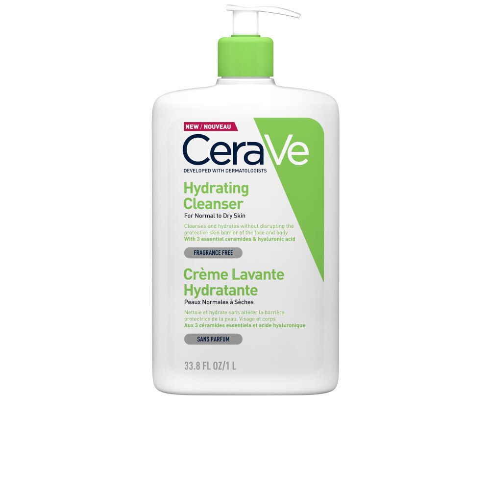Flacon blanc CeraVe Hydrating Cleanser avec bouchon vert. Texte: Hydrating Cleanser, Crème Lavante Hydratante, 33.8 FL OZ/1 L.