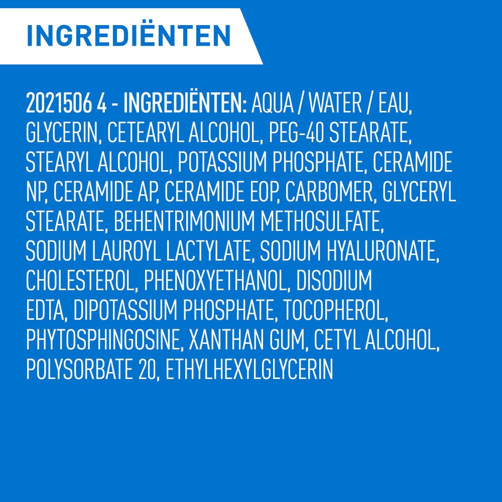 Ingrediëntenlijst in blauw op witte achtergrond. Bevat Aqua, Glycerine, Ceramiden, Hyaluronzuur en meer.