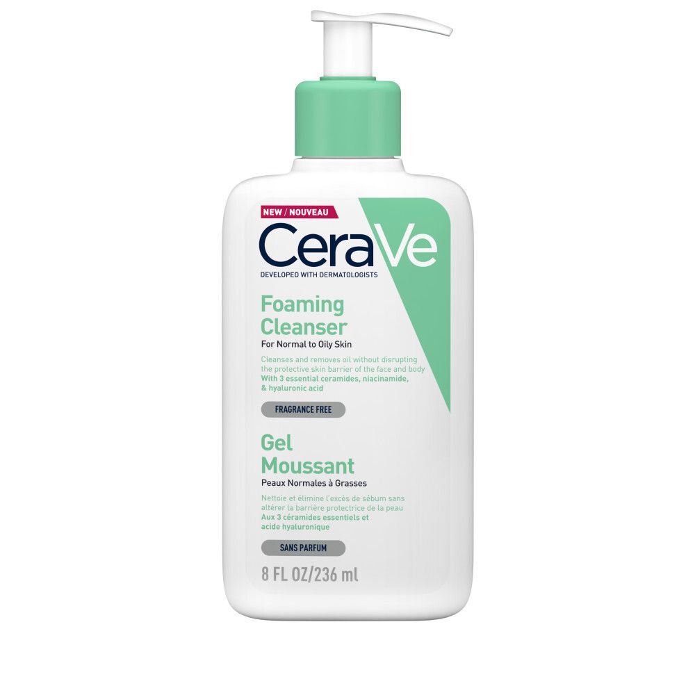 CeraVe Foaming Cleanser. Witte fles met groene pomp. Tekst.