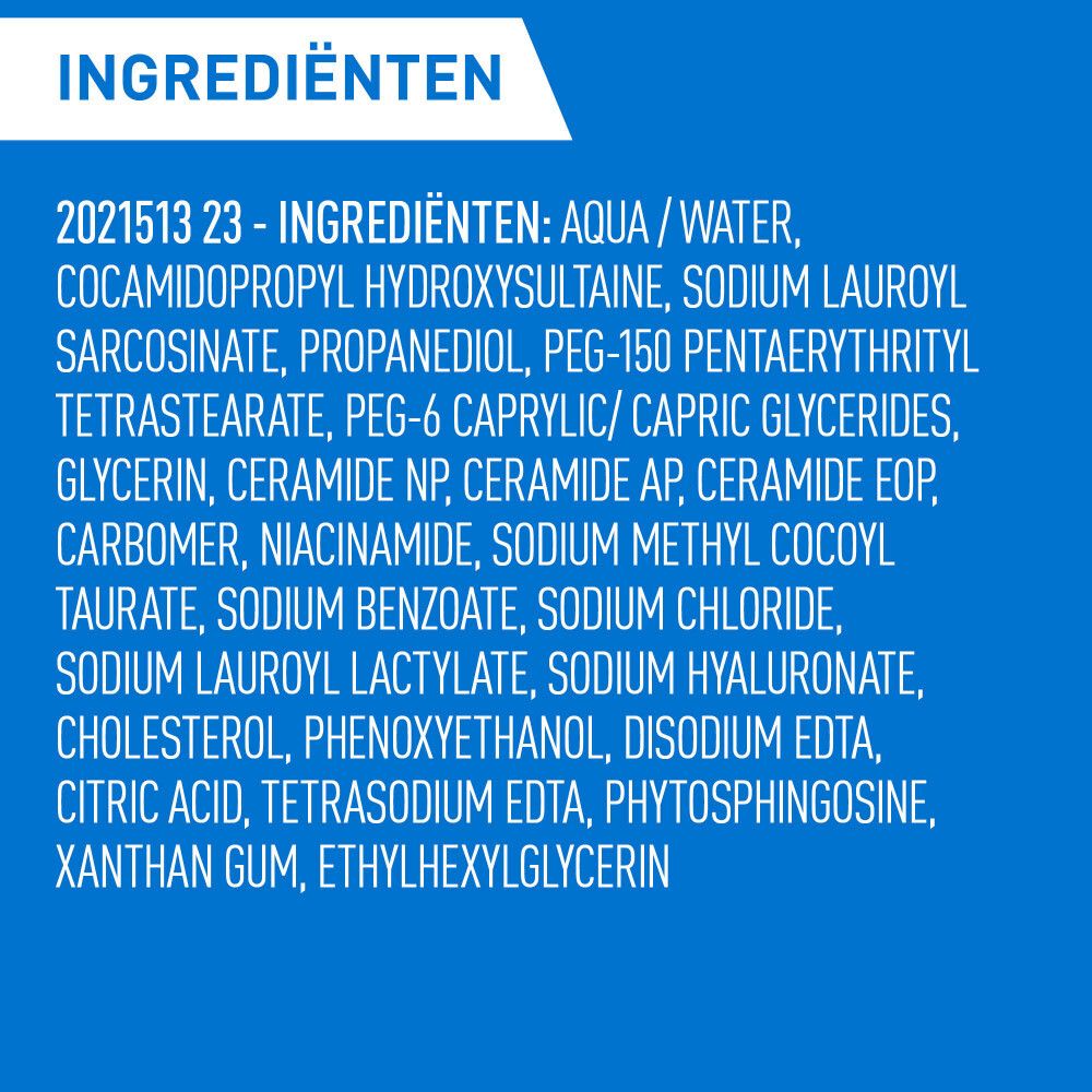 Ingrediënten van CeraVe cleanser. Tekst op blauwe achtergrond.