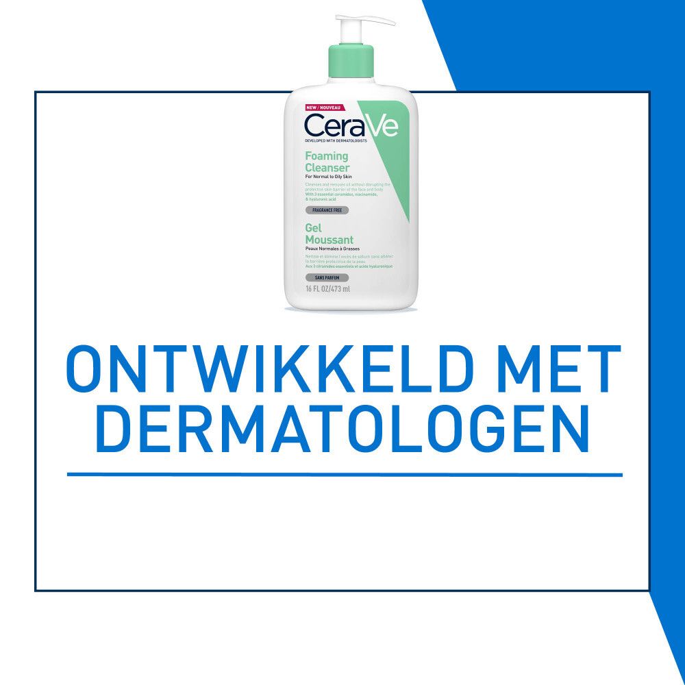 CeraVe Foaming Cleanser. Fles. Tekst: Ontwikkeld met dermatologen.