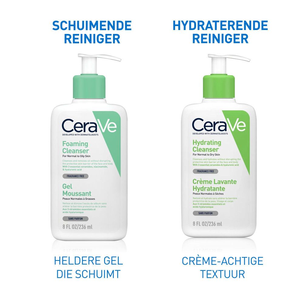 CeraVe producten. Reinigingsgel, hydraterende lotion, gezichtscrème.