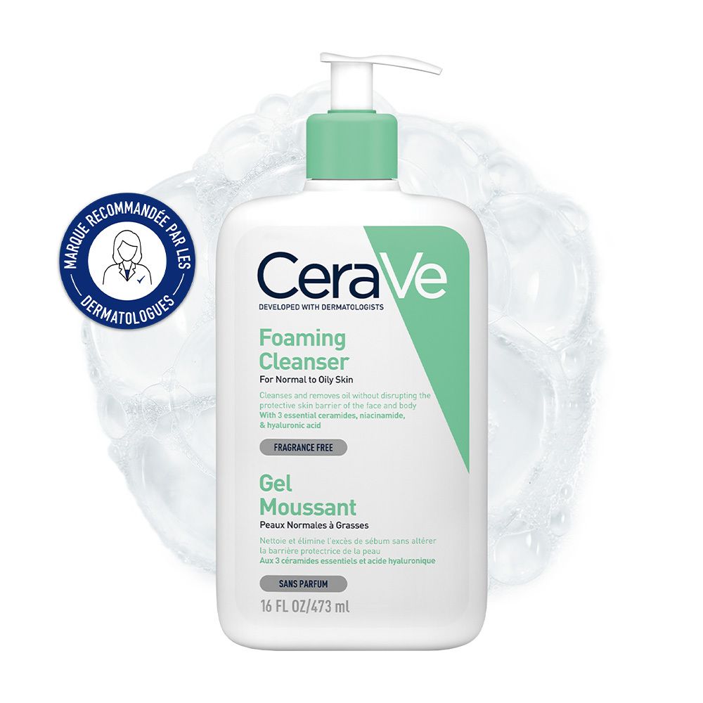 Flacon CeraVe Foaming Cleanser. Pompe, bouchon vert. Recommandé par les dermatologues. 16 FL OZ / 473 ml.
