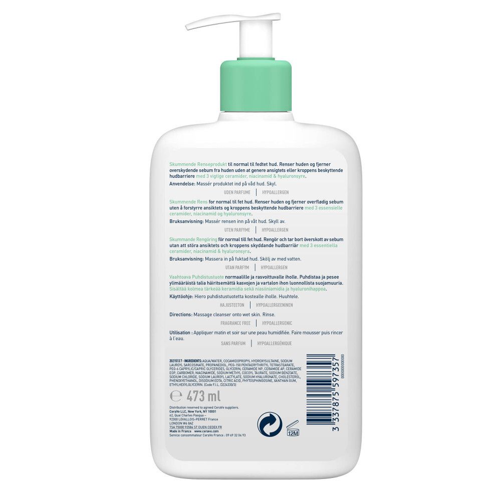 Dos du flacon CeraVe Foaming Cleanser. Texte multilingue. 473 ml.