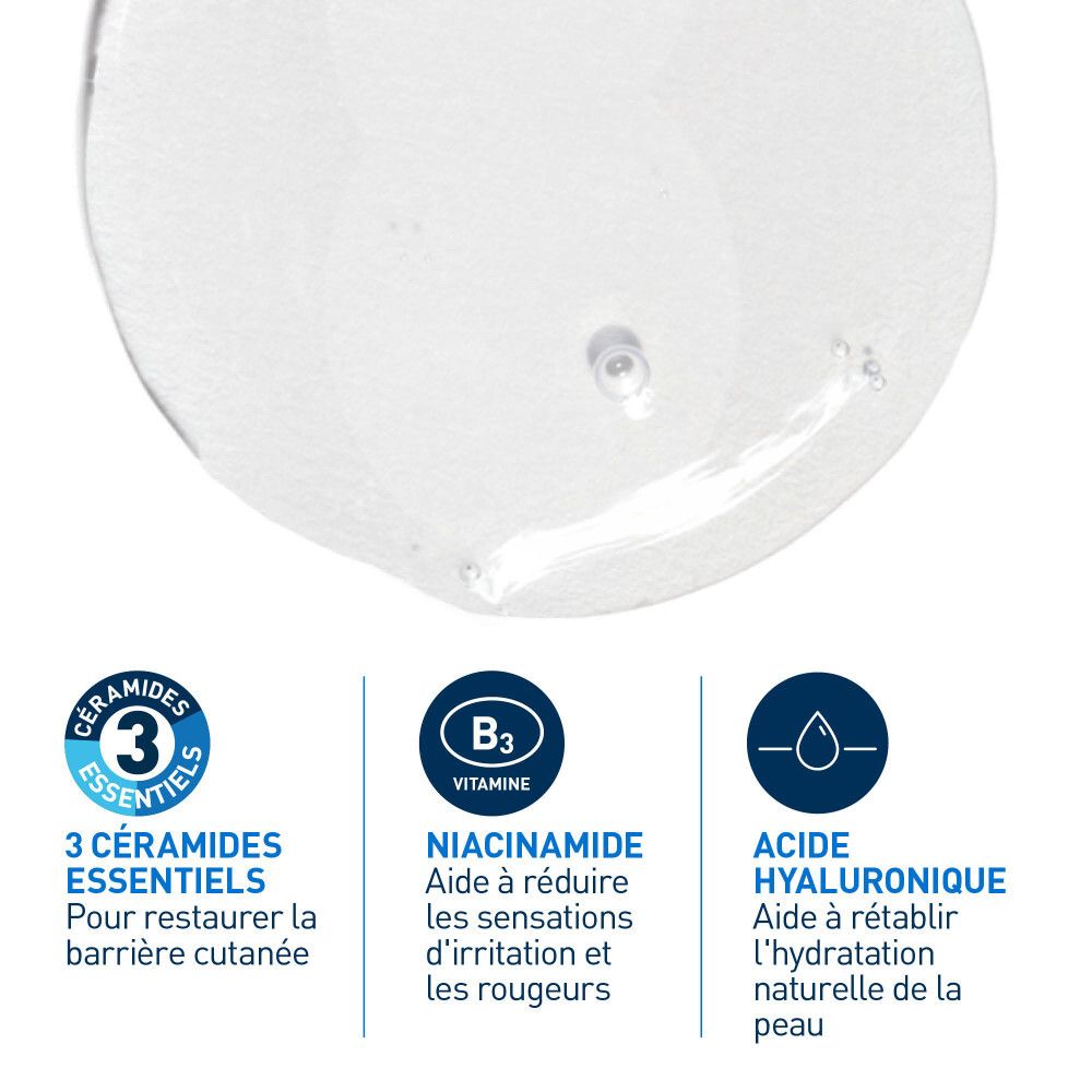 Graphique avec 3 icônes : 3 céramides essentiels, vitamine B3, acide hyaluronique.