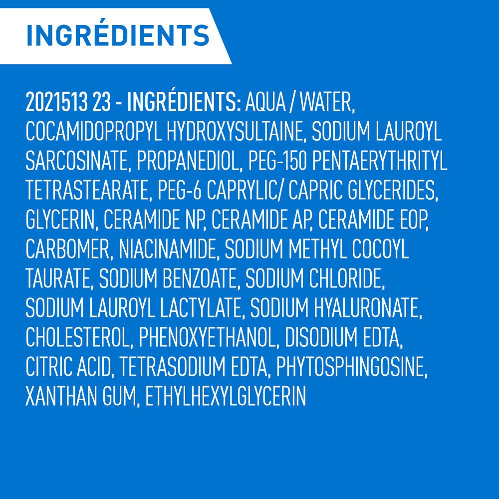 Liste des ingrédients. Aqua/eau, cocamidopropylhydroxysultaine, sodium lauroyl sarcosinate, etc.