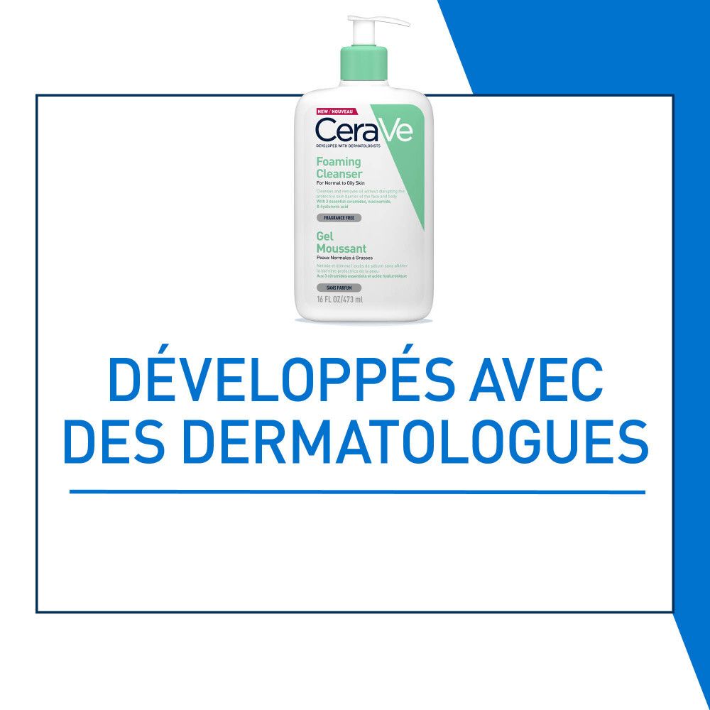 Flacon CeraVe Foaming Cleanser. Développé avec des dermatologues. Fond blanc.