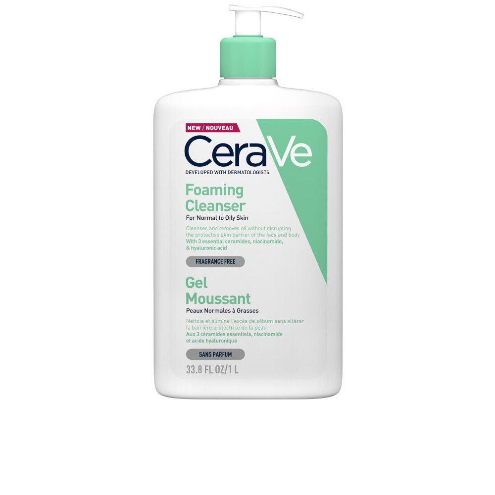 CeraVe Foaming Cleanser. Witte fles met groene pomp. Tekst: Foaming Cleanser, Gel Moussant.