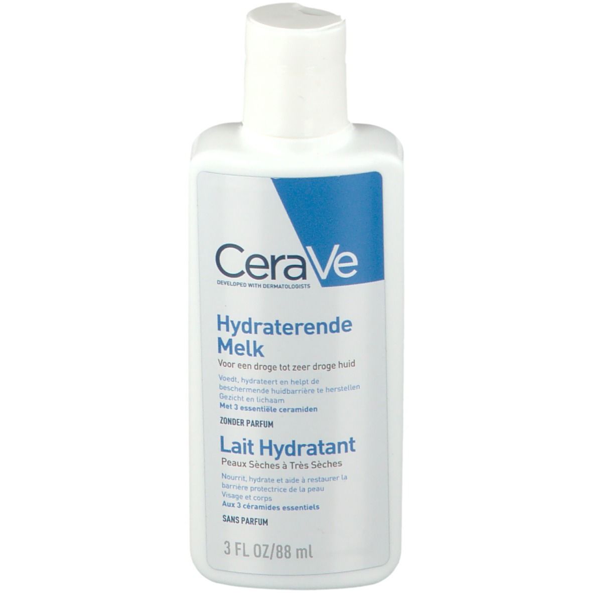 Flacon blanc avec accent bleu. Inscriptions : CeraVe, Hydraterende Melk, Lait Hydratant. Volume : 3 FL OZ/88 ml.
