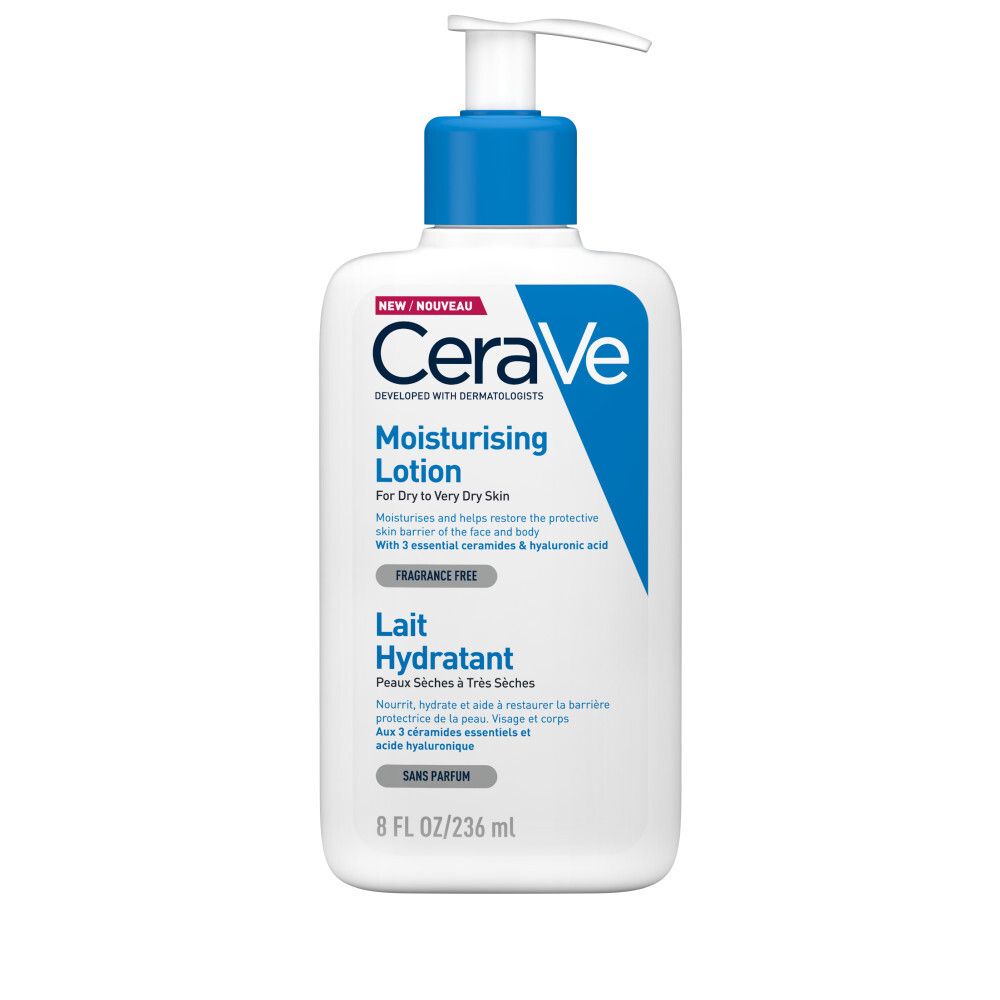 Witte fles CeraVe Moisturising Lotion met blauwe dop en pomp. Tekst: Lait Hydratant, 8 FL OZ/236 ml.