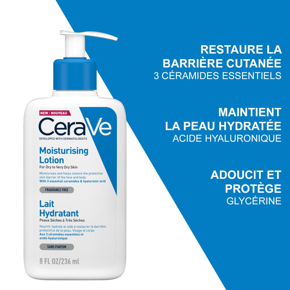 Flacon CeraVe Moisturising Lotion avec bouchon bleu et pompe. Texte: Restaure la barrière cutanée, 3 céramides essentiels, maintiennent la peau hydratée.