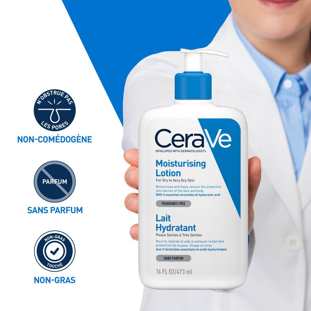 Flacon CeraVe Moisturising Lotion avec bouchon bleu et pompe. Texte: Non-comédogène, sans parfum, non-gras. 16 FL OZ/473 ml.