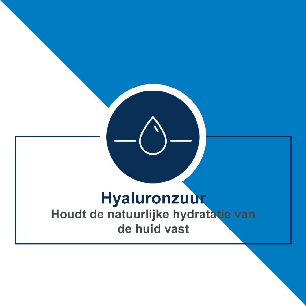 Grafiek: Druppelsymbool. Tekst: Hyaluronzuur. Houdt de natuurlijke hydratatie van de huid vast.