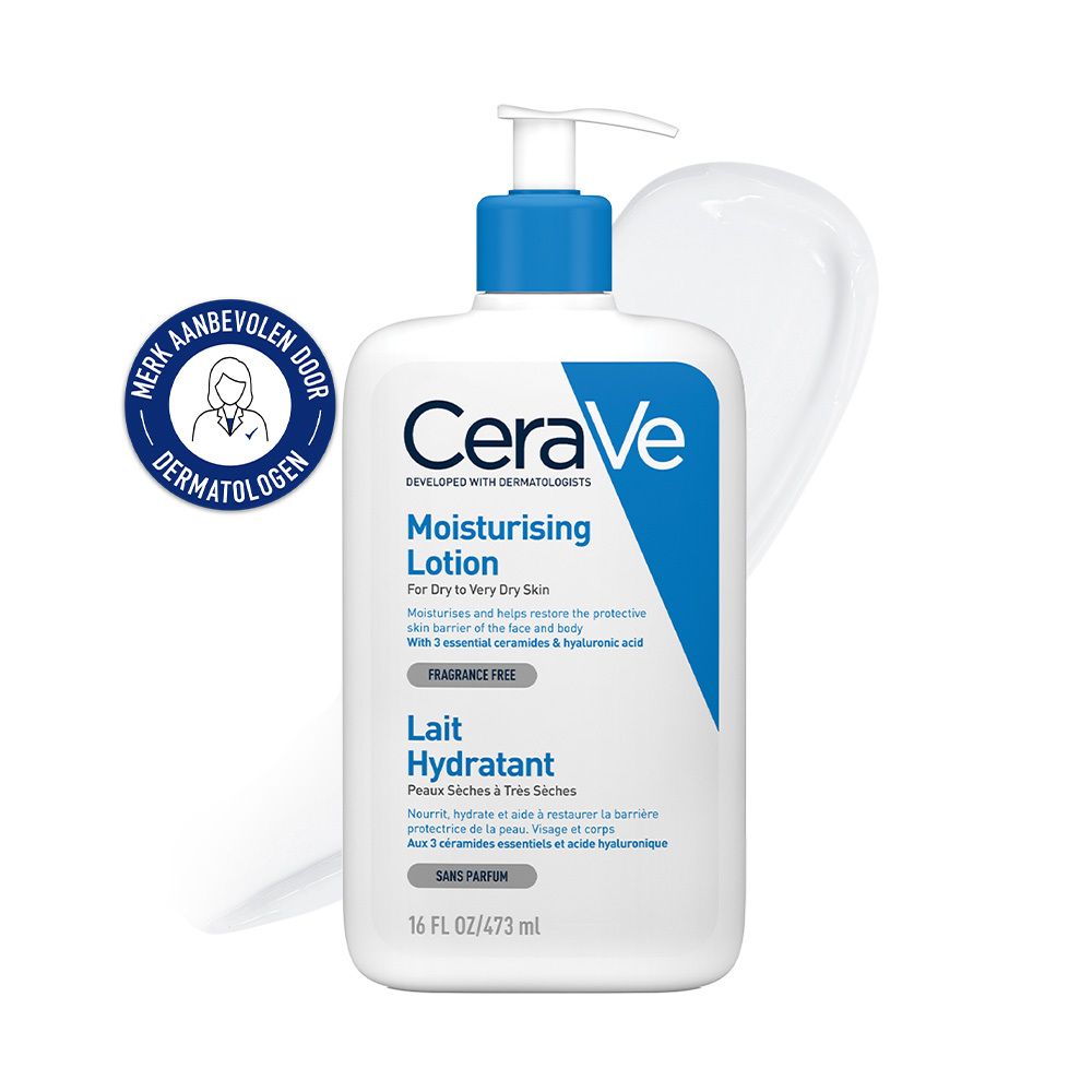 Witte fles met blauwe pomp. Opschrift CeraVe en productnaam.