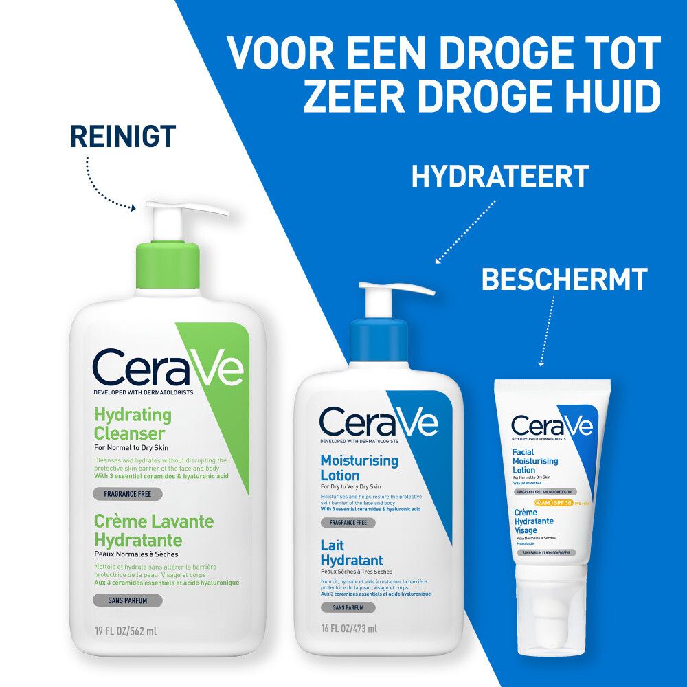 Drie CeraVe-producten. Witte flessen en tube. Opschriften en productnamen.