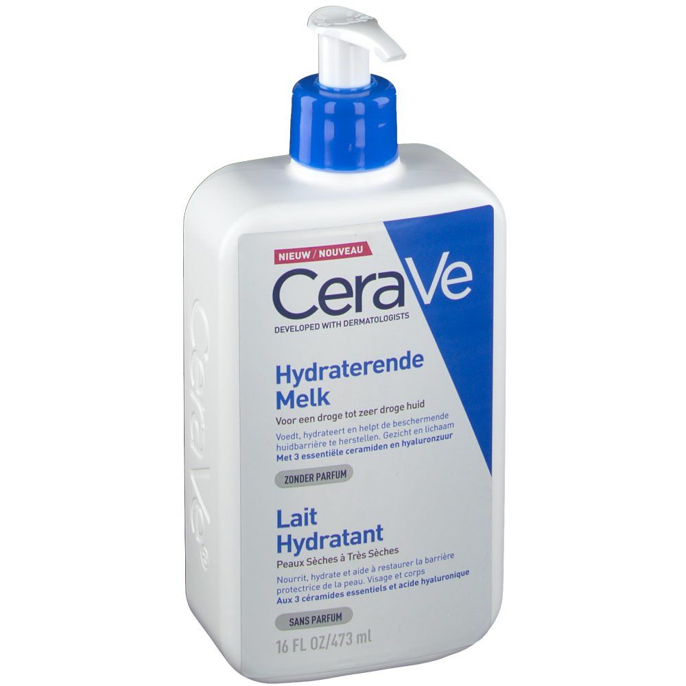 Witte fles met blauwe pomp. Opschrift CeraVe en productnaam.