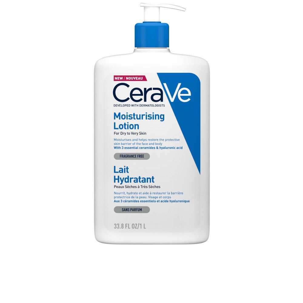 Witte fles met blauwe pomp. Opschrift: CeraVe, Moisturising Lotion. Voor droge tot zeer droge huid.