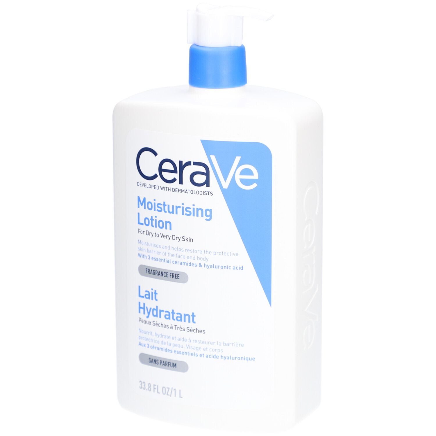 Witte fles met blauwe pomp. Opschrift: CeraVe, Moisturising Lotion. Voor droge tot zeer droge huid.