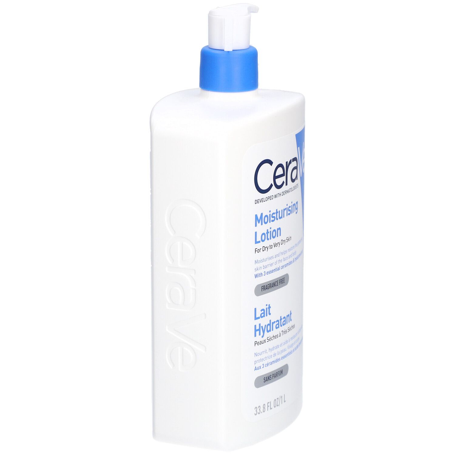 Witte fles met blauwe pomp. Opschrift: CeraVe, Moisturising Lotion. Zijaanzicht.